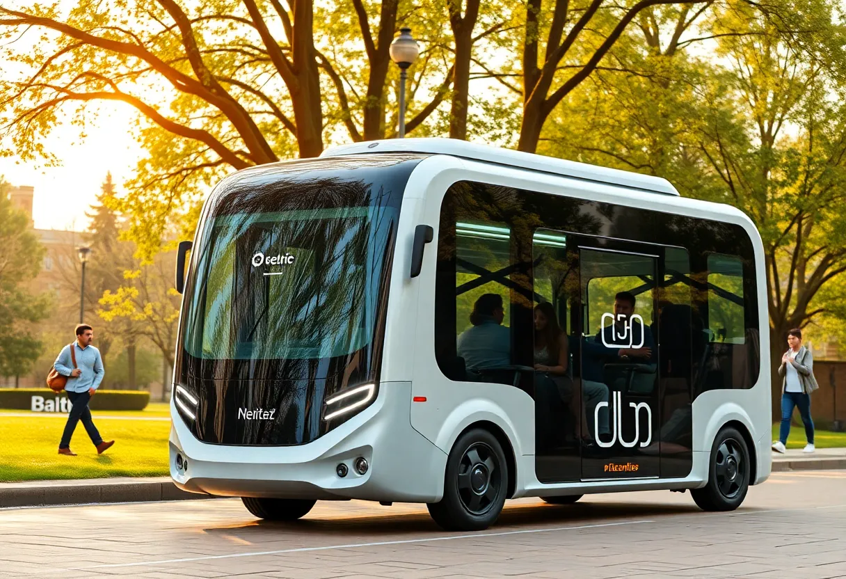 Electric driverless shuttle bus parked on campus with students nearby
