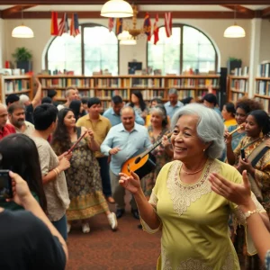 Community members celebrating in a library for Mahalia Jackson tribute event.