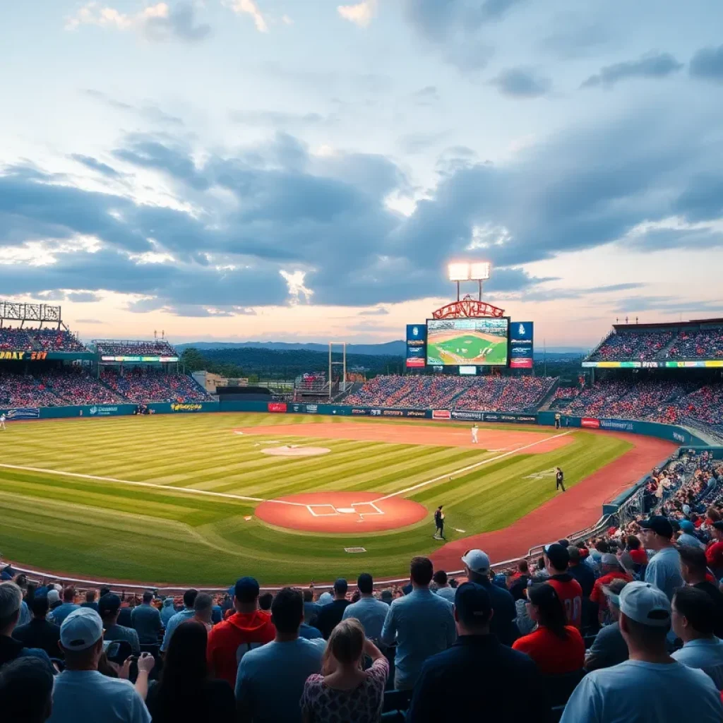 Baseball game at Dudy Noble Field with fans and players