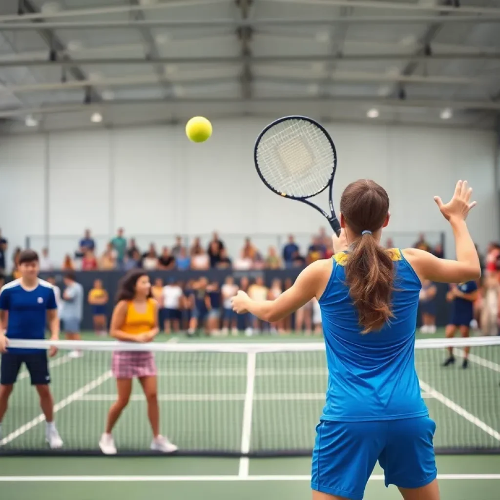 Mississippi State Tennis Team competing against Tulane with fans in the background