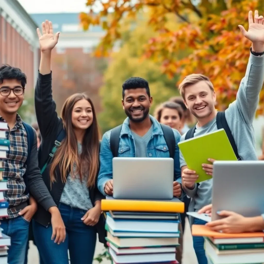 Students celebrating their academic achievements on a university campus.