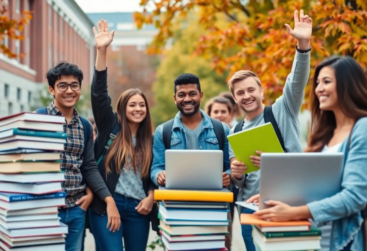 Students celebrating their academic achievements on a university campus.