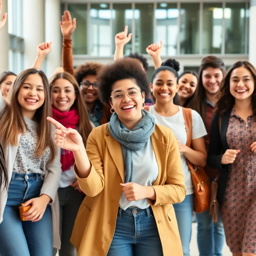 Students celebrating their achievements in an inclusive university environment.