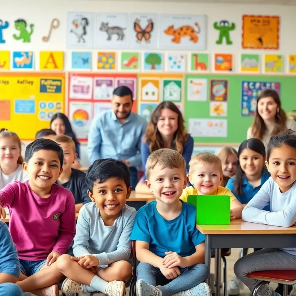 Children happily engaged in learning activities in a classroom.