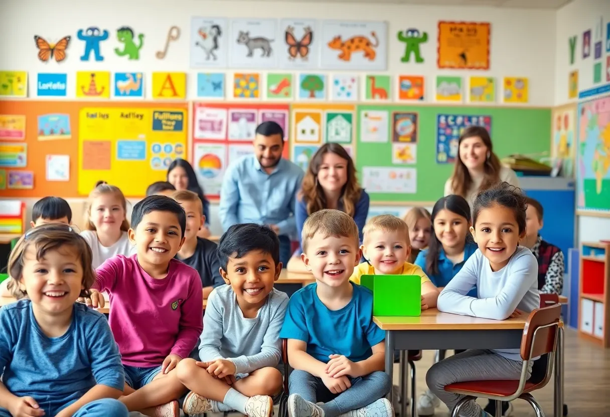 Children happily engaged in learning activities in a classroom.