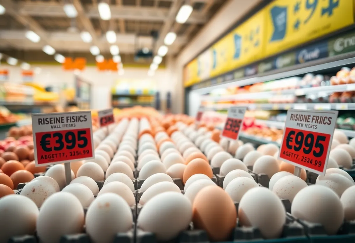 Grocery store eggs with price increase signs