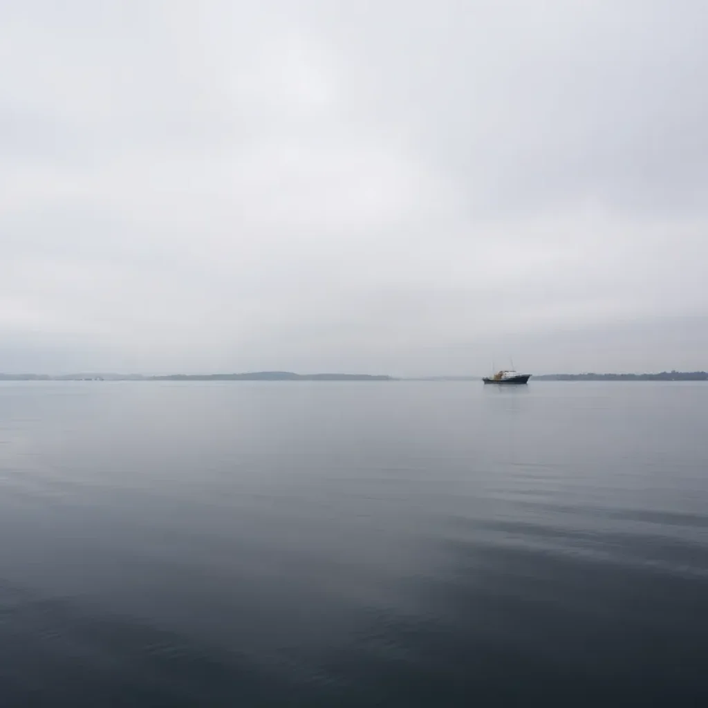 A calm waterway with a fishing boat, symbolizing loss and hope.