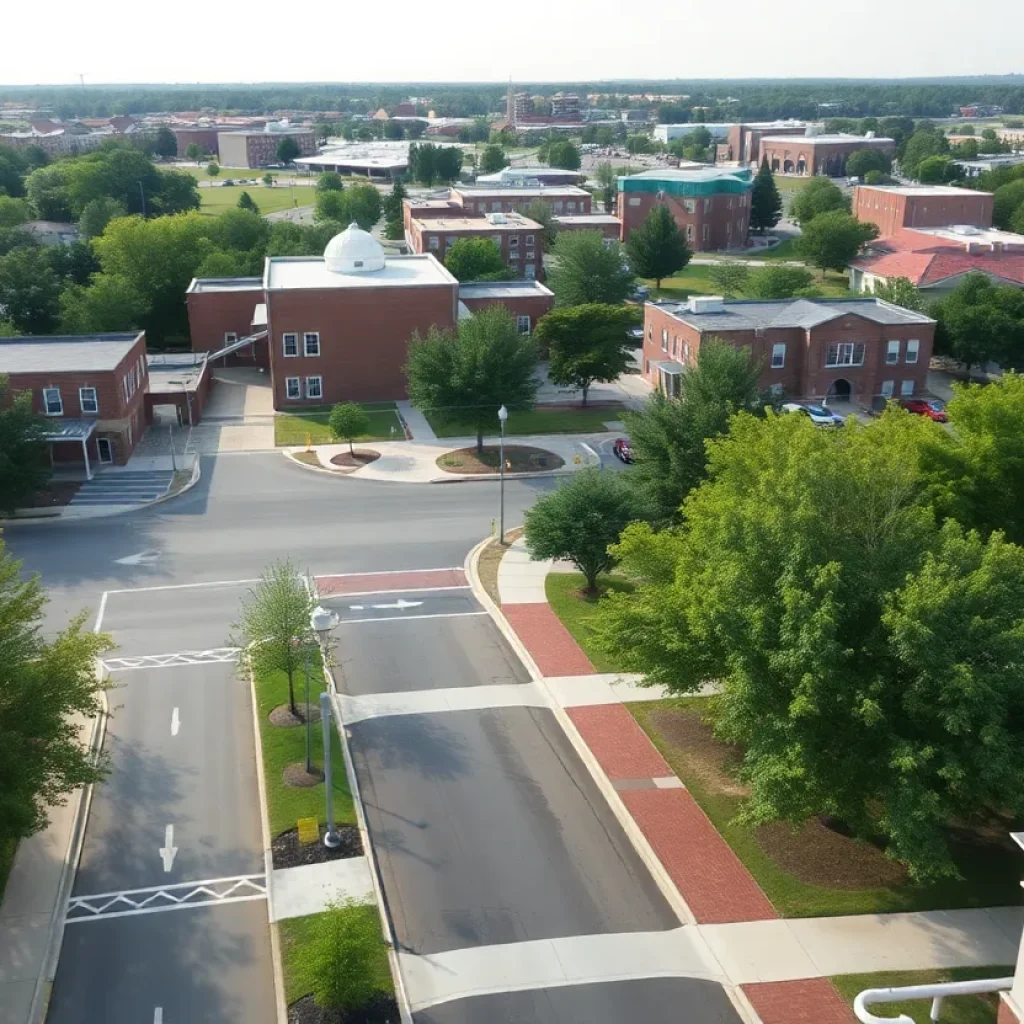 Aerial view of Starkville showcasing improved sidewalks.