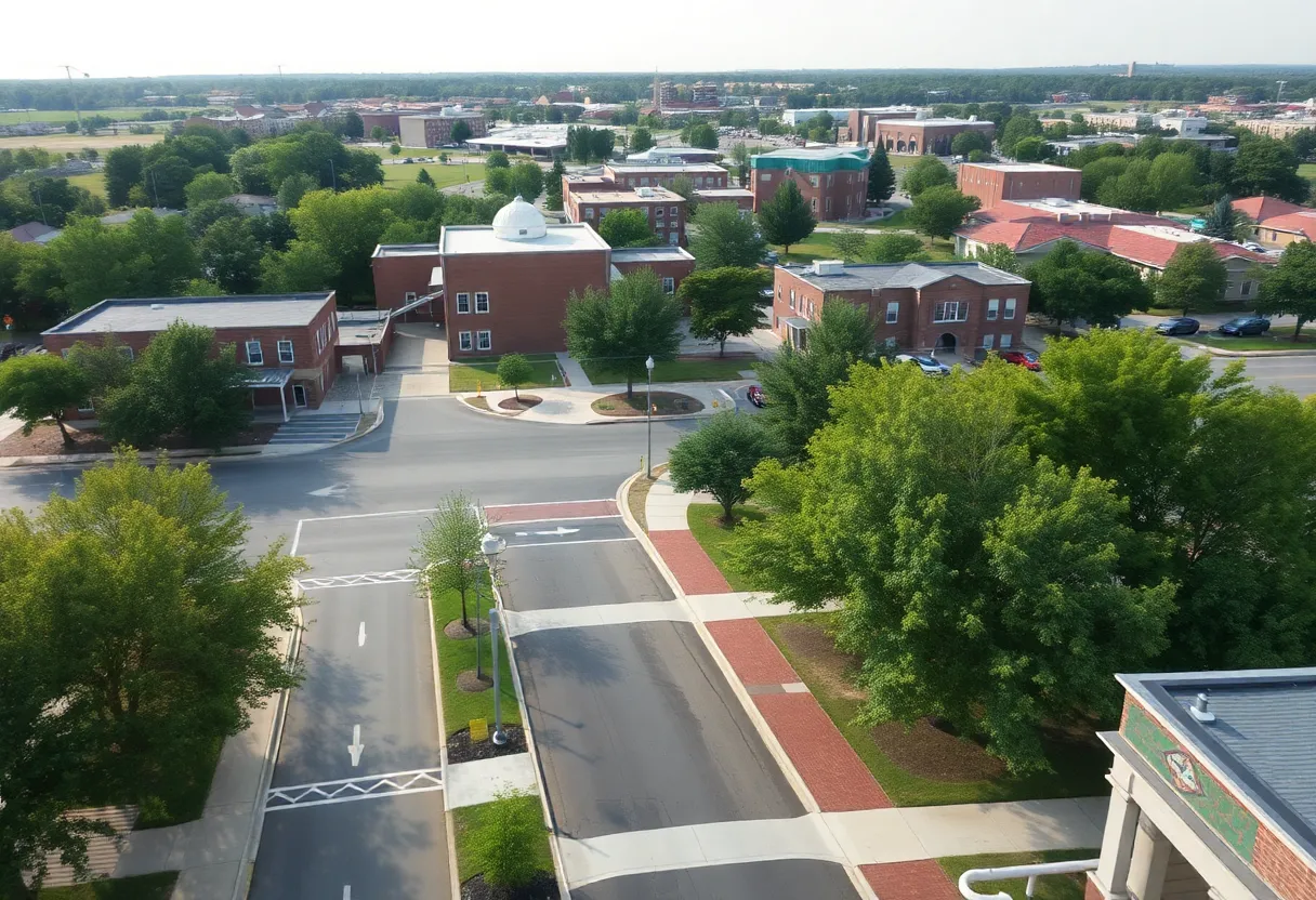 Aerial view of Starkville showcasing improved sidewalks.