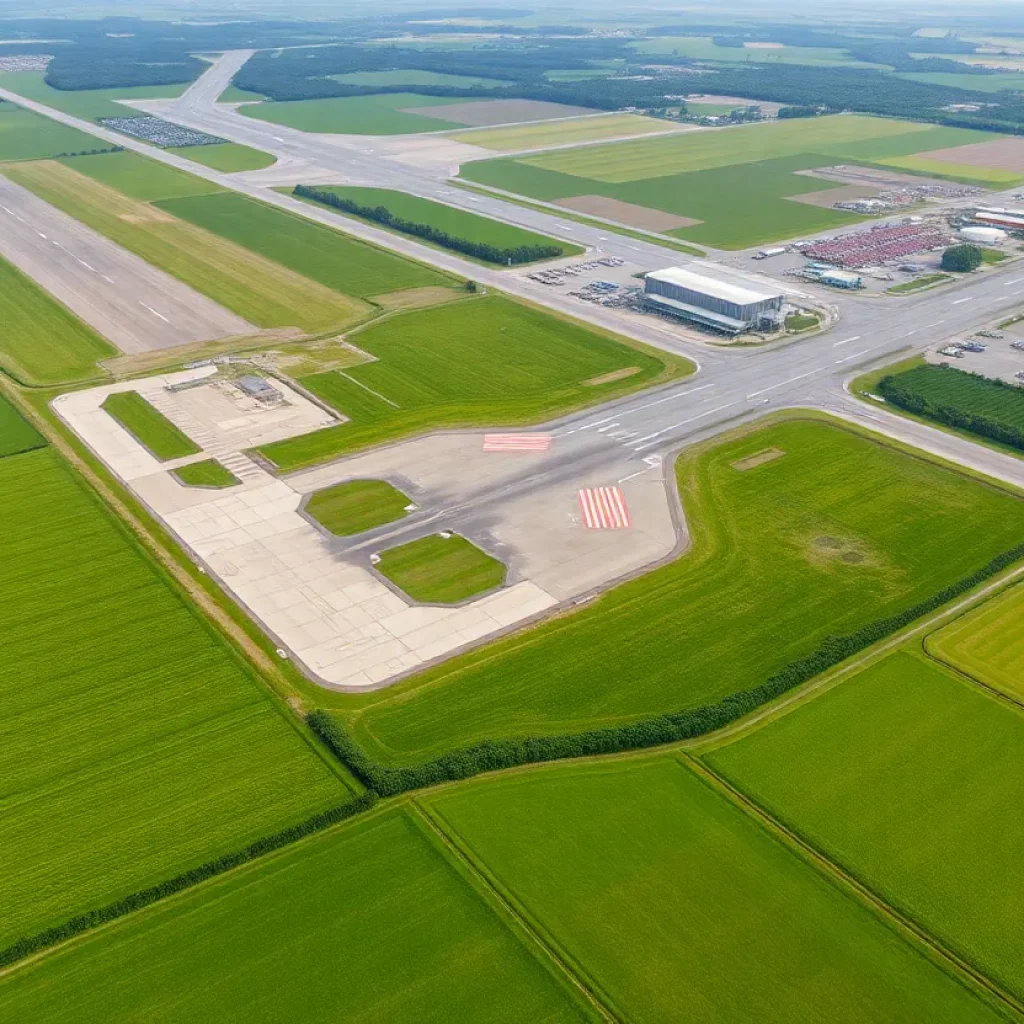 Aerial view of agricultural land around Starkville Airport.