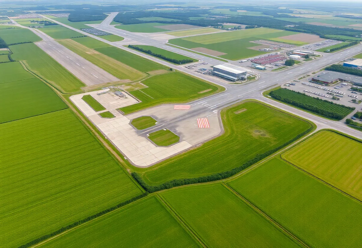 Aerial view of agricultural land around Starkville Airport.