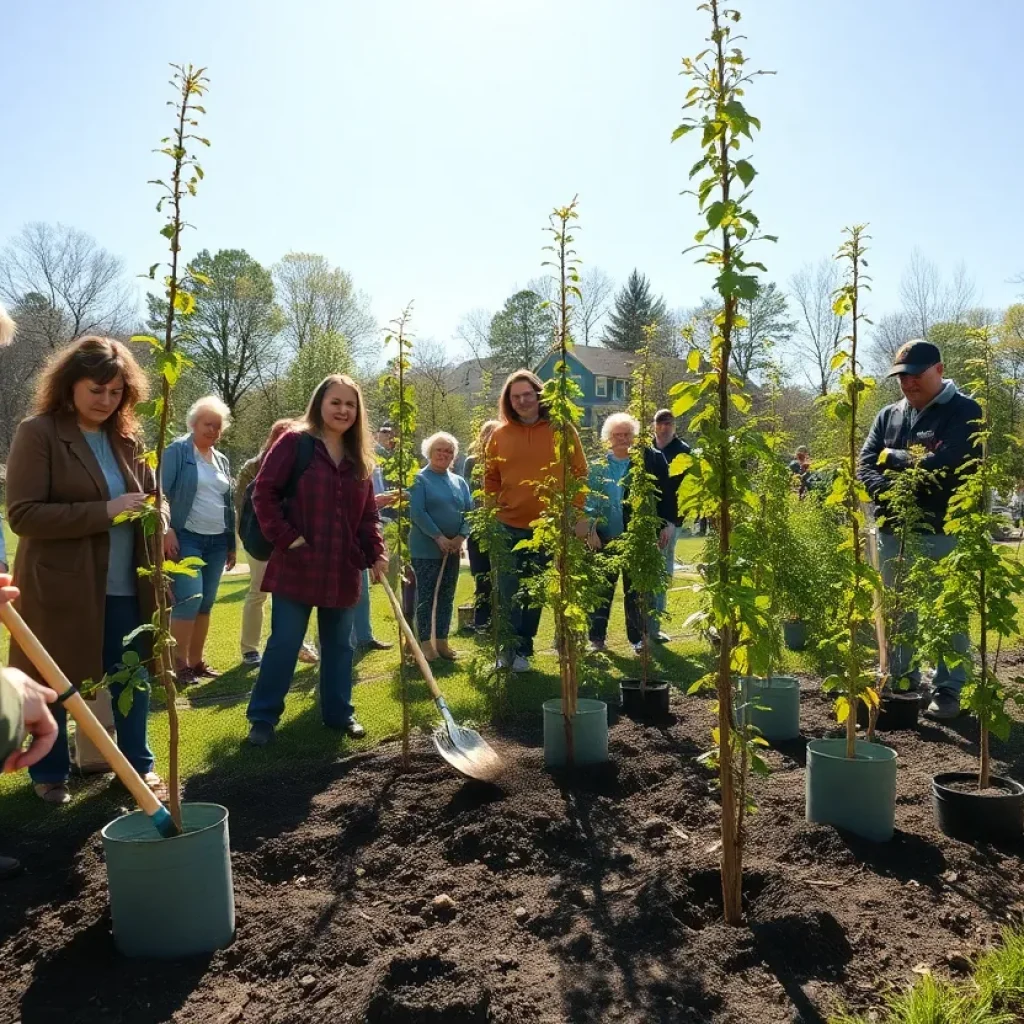 Residents planting trees together in Starkville's Cornerstone Park for Arbor Day