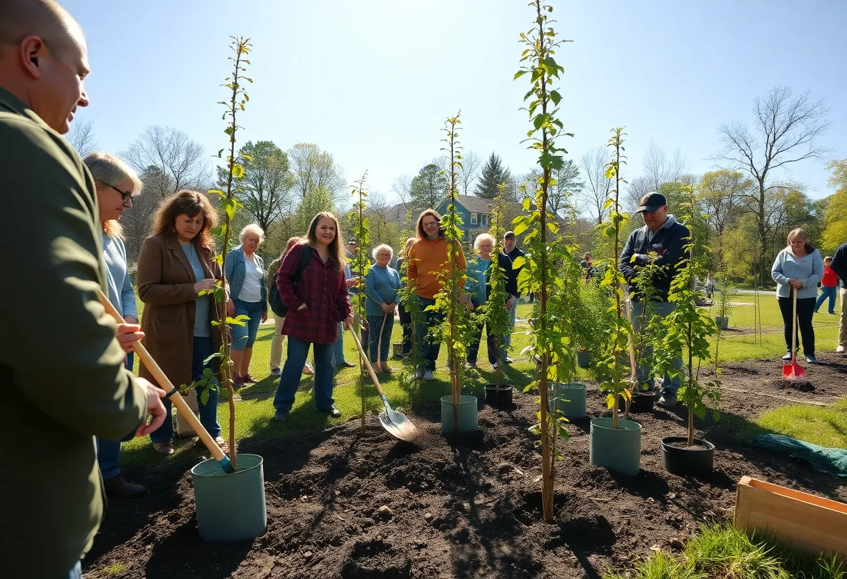 Residents planting trees together in Starkville's Cornerstone Park for Arbor Day