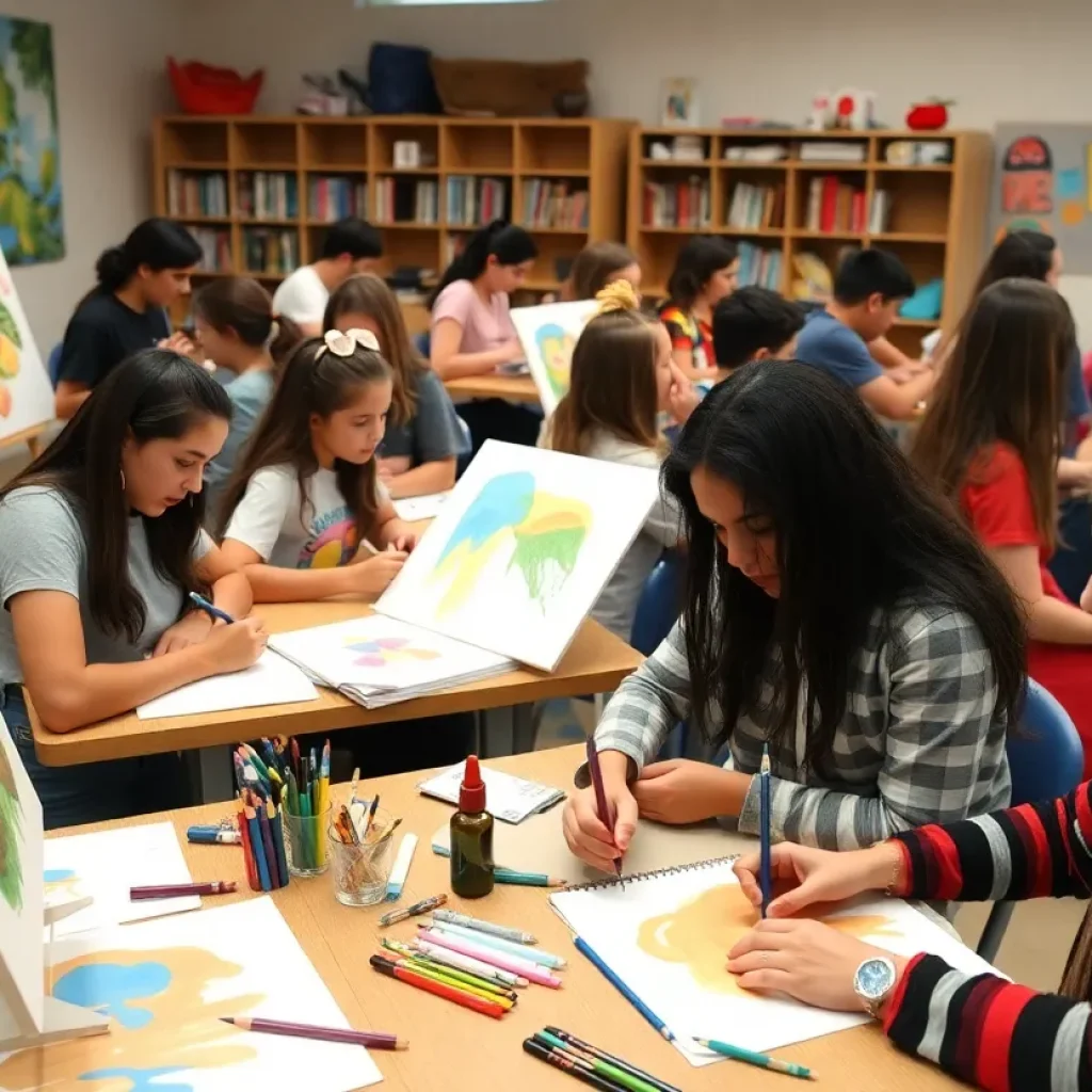 Students in a vibrant art class at Starkville High School creating artwork
