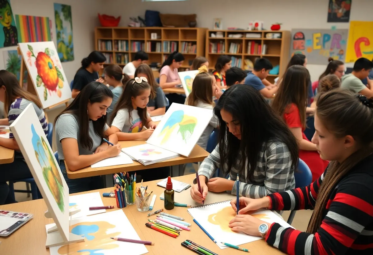 Students in a vibrant art class at Starkville High School creating artwork