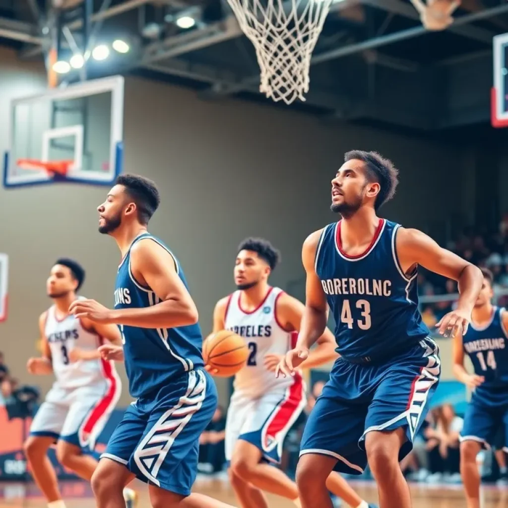 Players from Starkville basketball teams competing during a game.