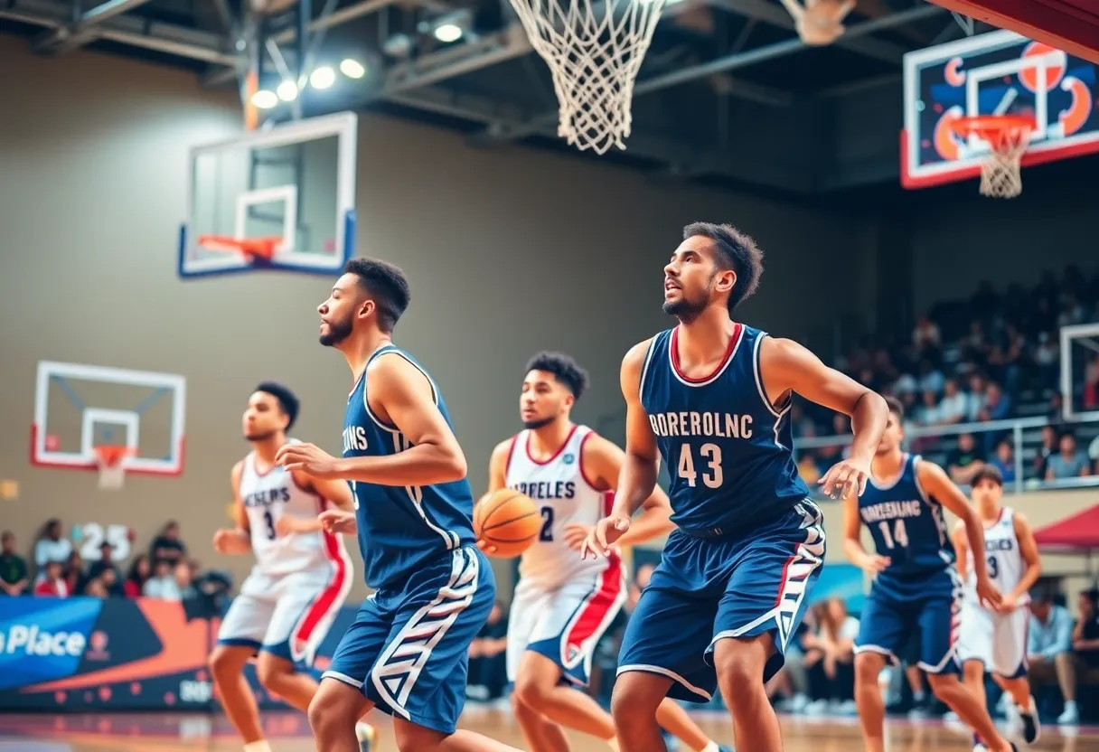 Players from Starkville basketball teams competing during a game.