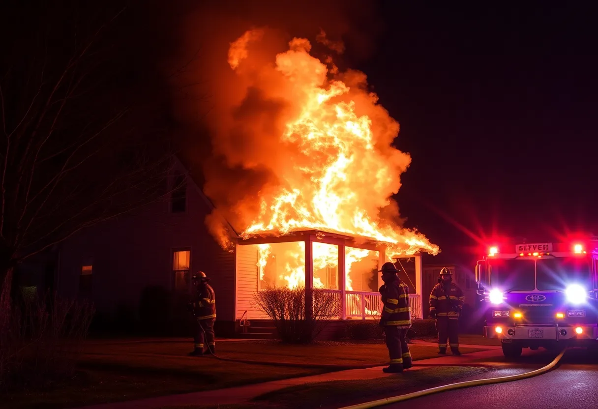 A house in Starkville engulfed in flames at night