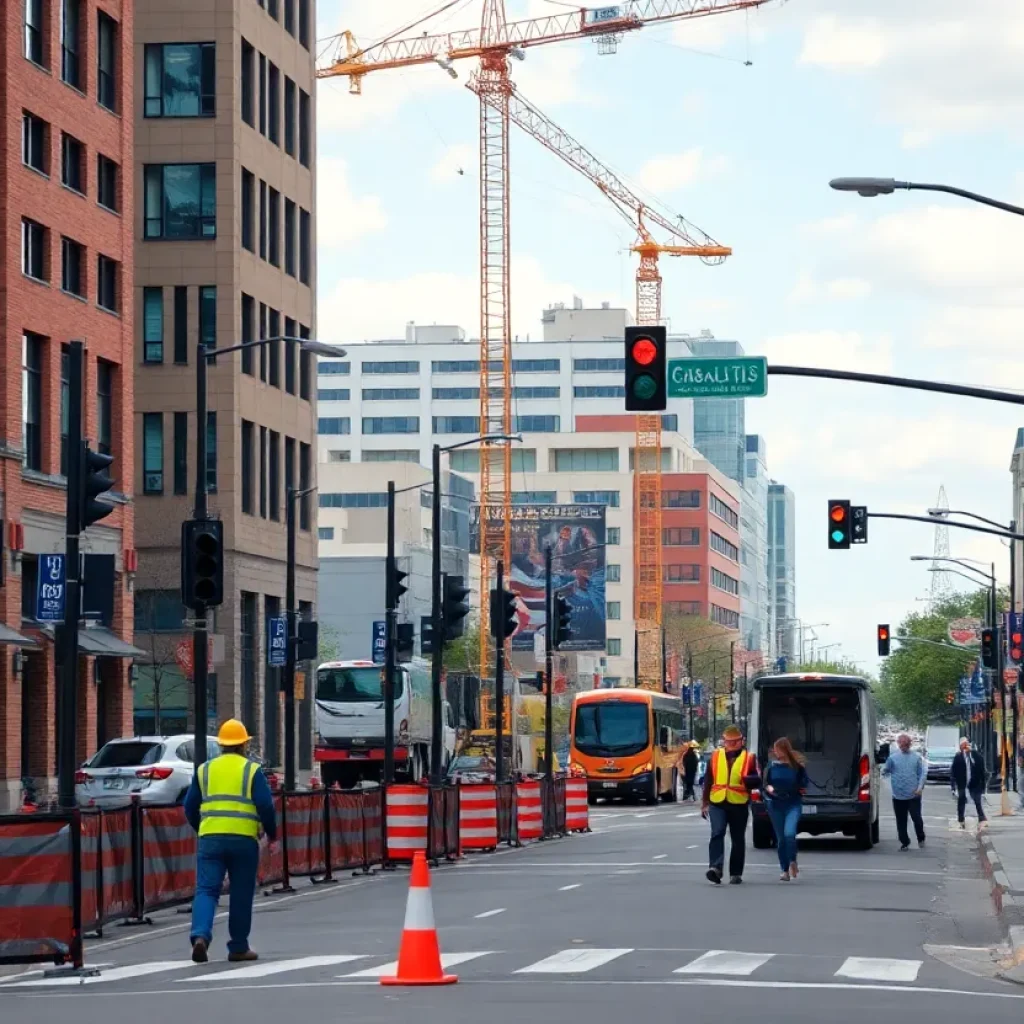 Construction site on Main Street in Starkville with workers and equipment.