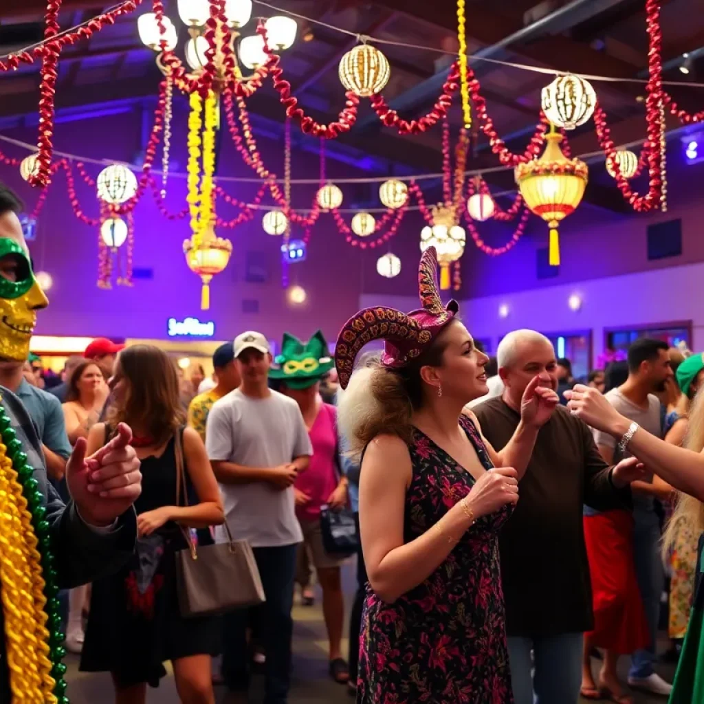 Crowd celebrating at the Starkville Mardi Gras Ball with colorful decorations.
