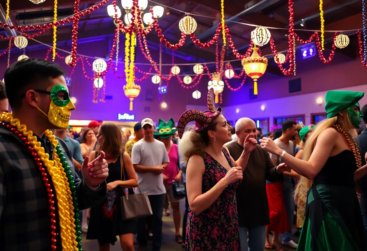 Crowd celebrating at the Starkville Mardi Gras Ball with colorful decorations.