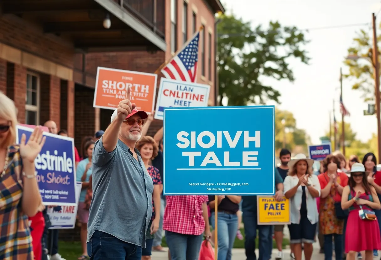 Residents of Starkville engaging in the mayoral race with campaign signs in a lively atmosphere.