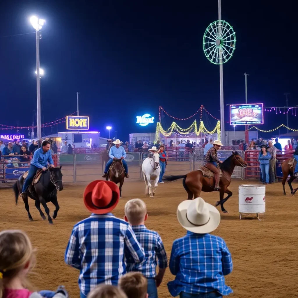 Exciting atmosphere at the Starkville Rotary Classic Rodeo with competitors and audience.
