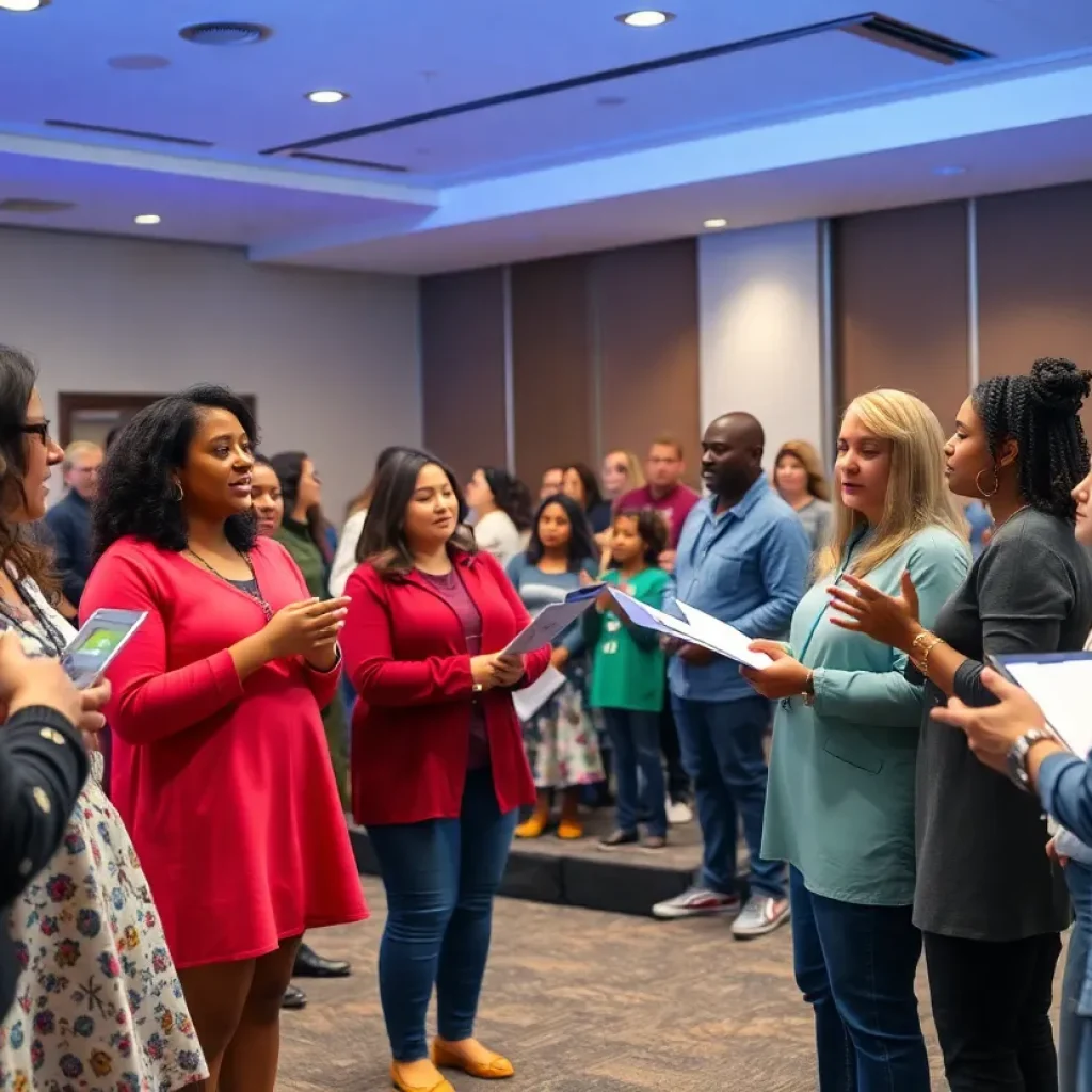 Families and community members participating in a school attendance forum.