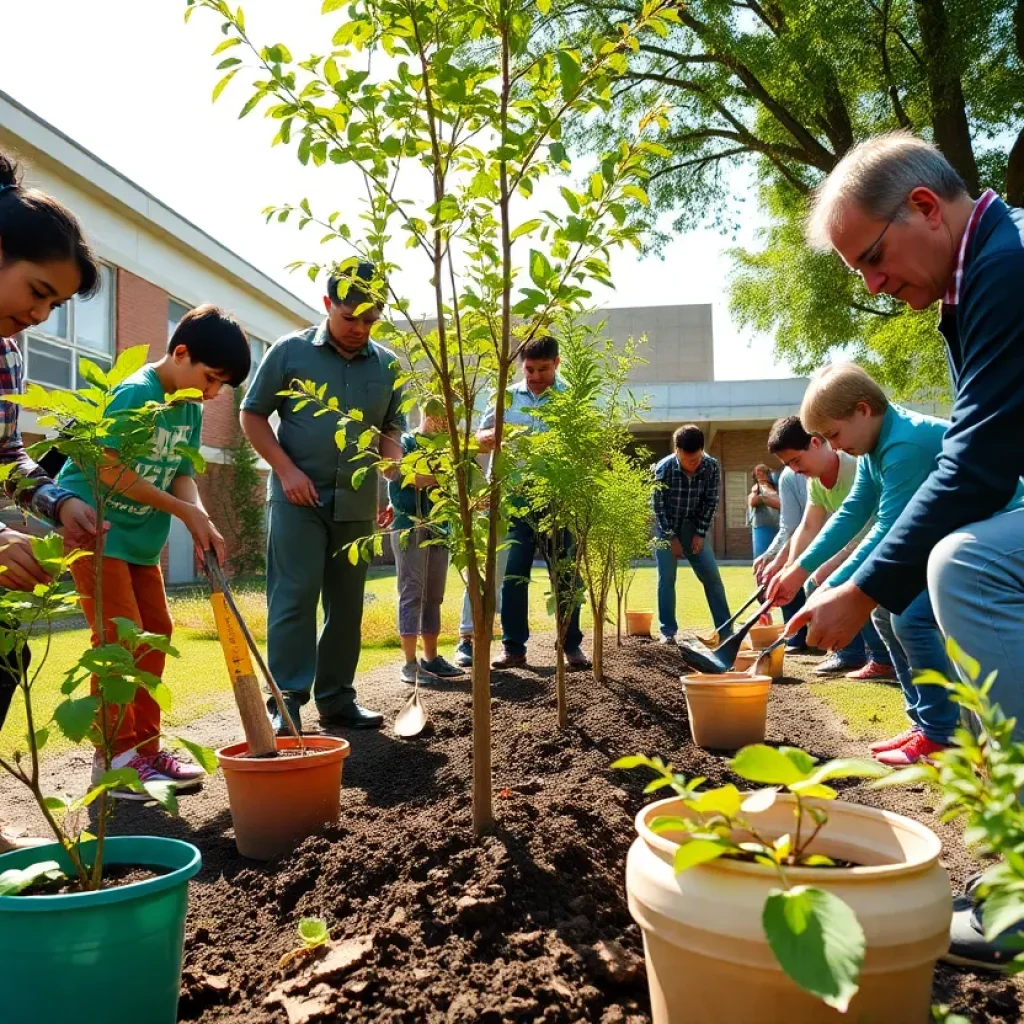 Community members planting trees in Starkville