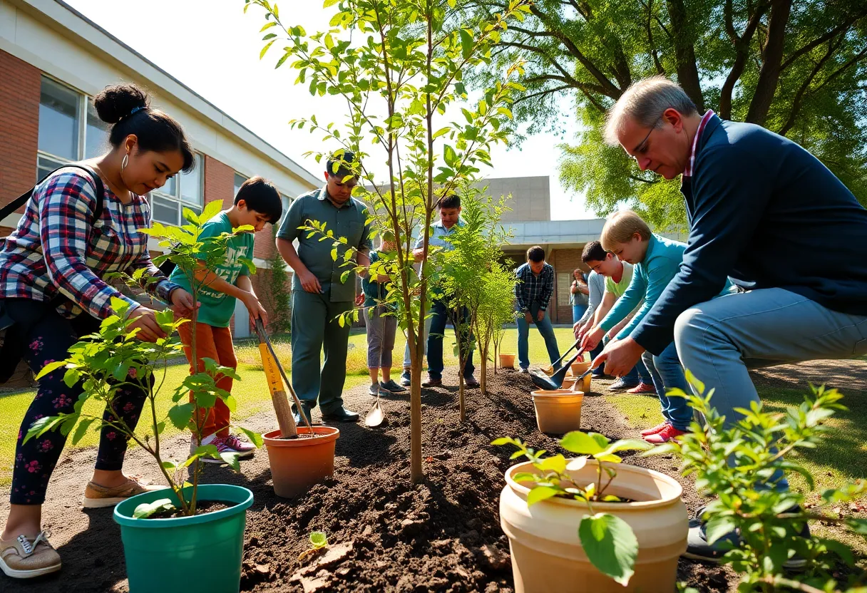 Community members planting trees in Starkville