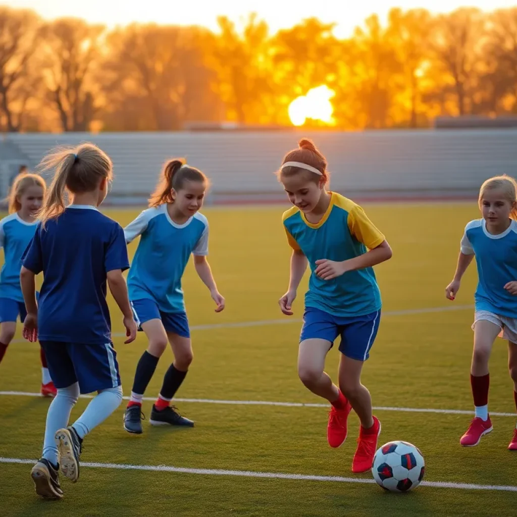 Young athletes practicing on a football field