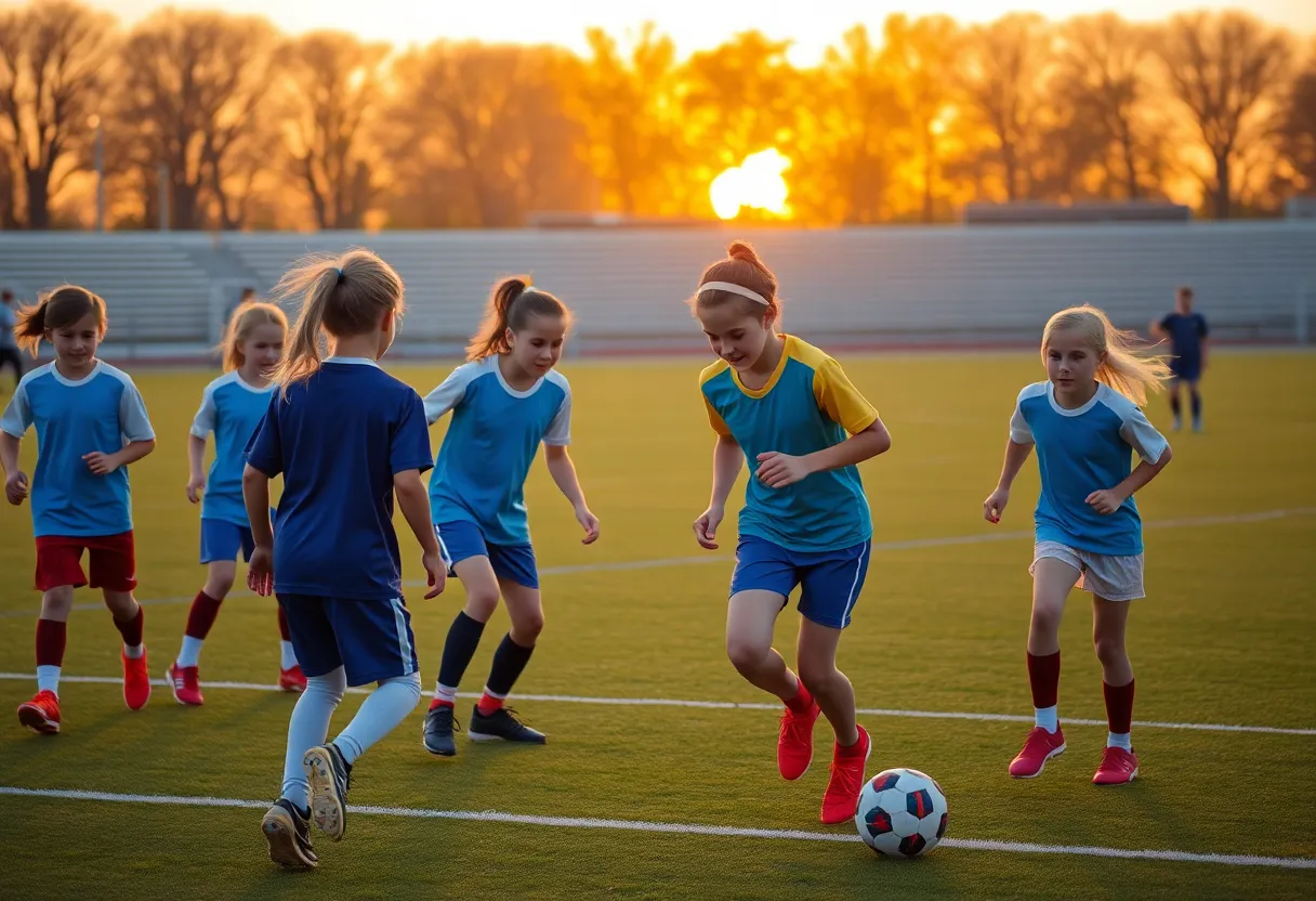 Young athletes practicing on a football field