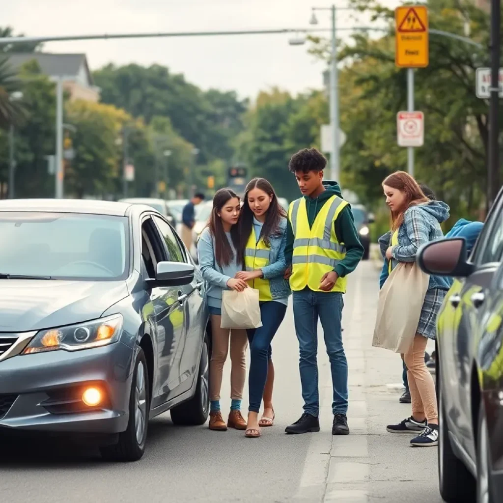 Students assisting a stranded car on a busy street in Starkville.