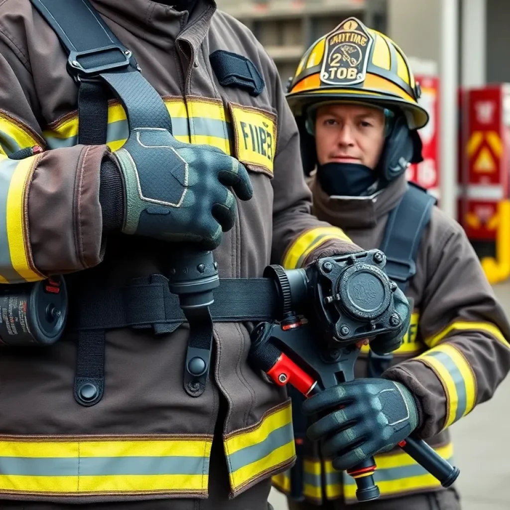 A firefighter displaying upgraded gear and tools at West Point Fire Department