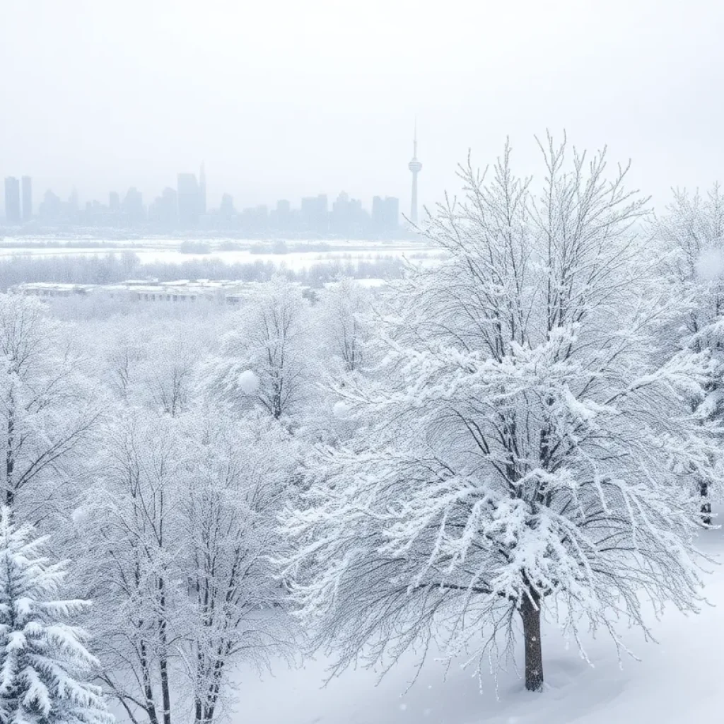 A city skyline covered in snow during winter storms