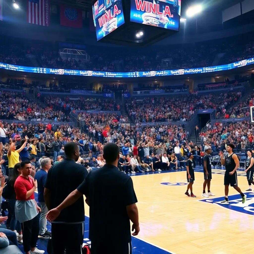 Action shot of players warming up for the All-Star basketball game