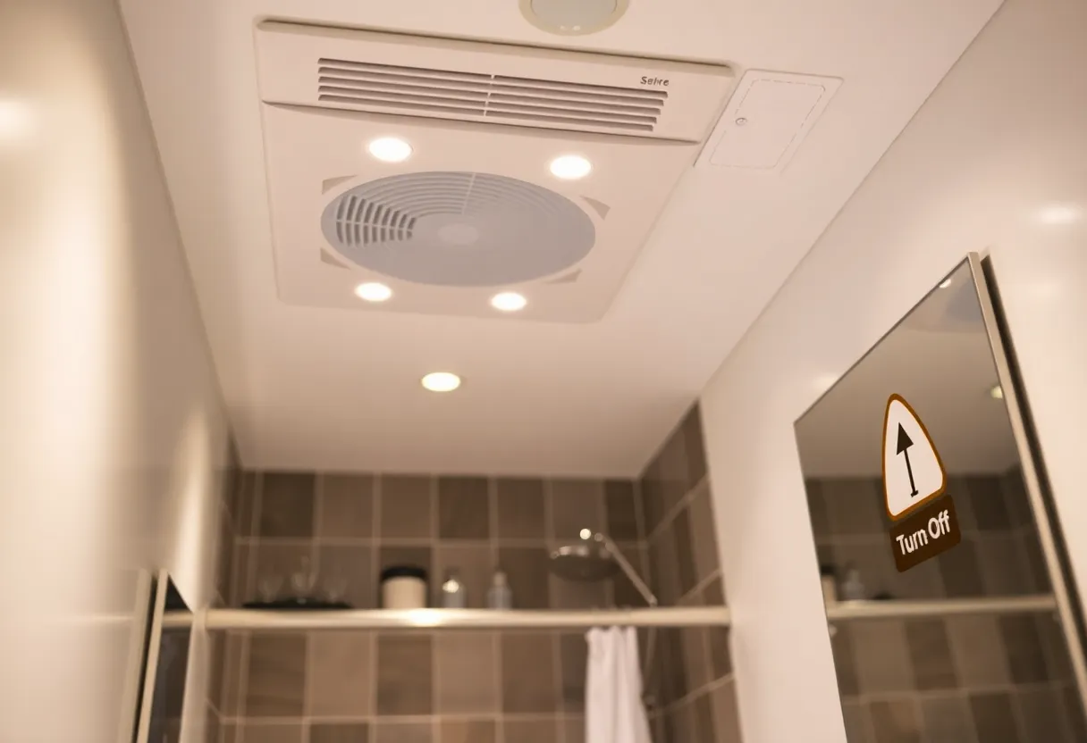 Bathroom with an exhaust fan and a safety warning sign to turn off when not in use.