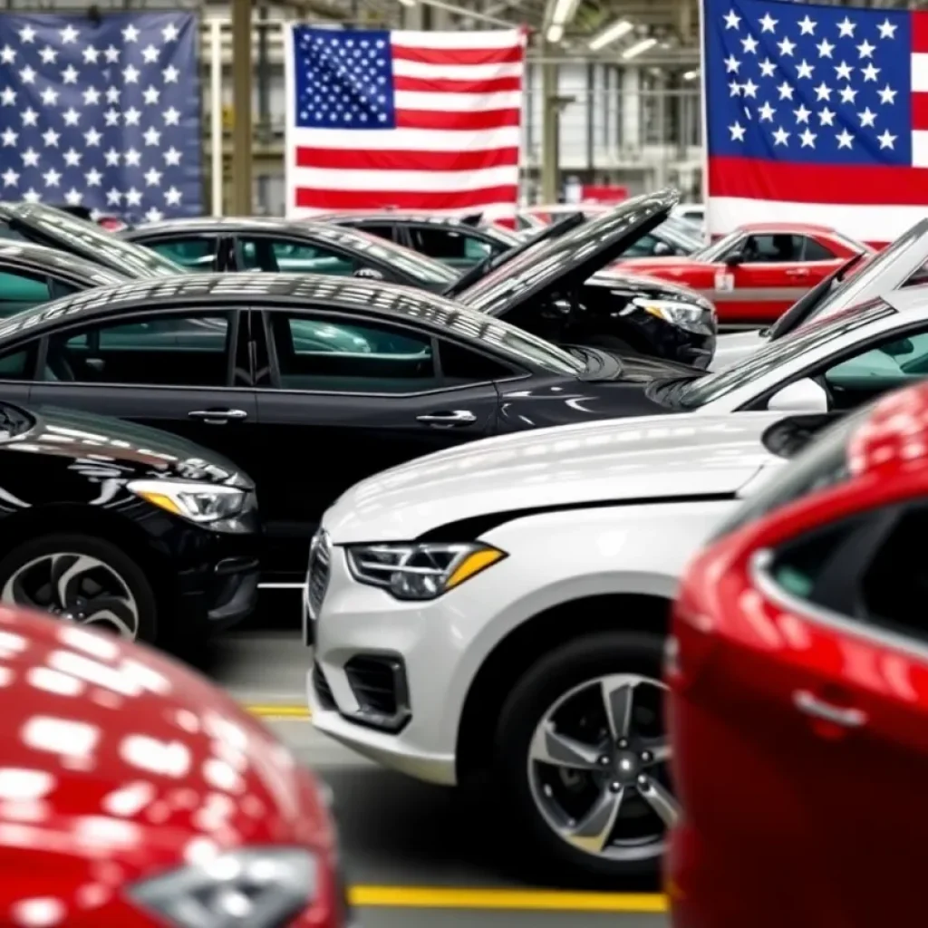 Assembly line of cars with American flag in the background