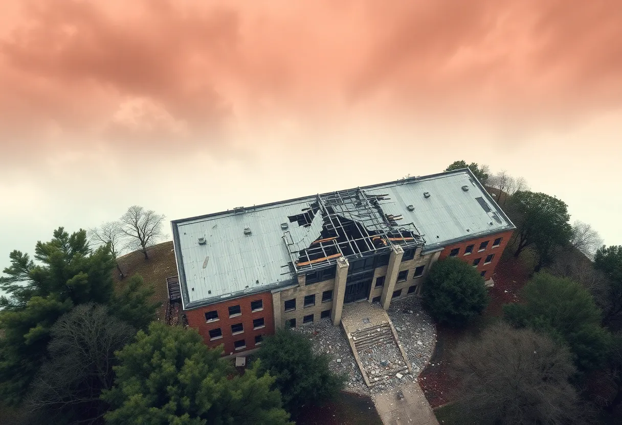 Aerial view of Clay County Jail showing severe roof damage due to winds.