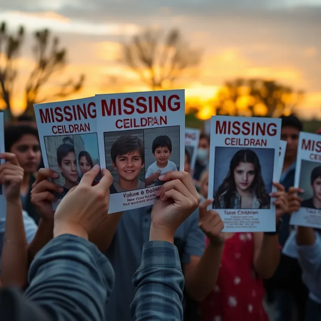 Community members gathering to search for missing children