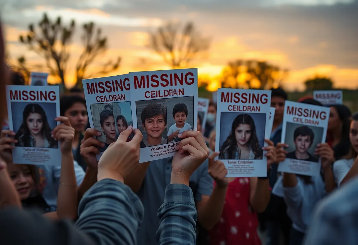 Community members gathering to search for missing children