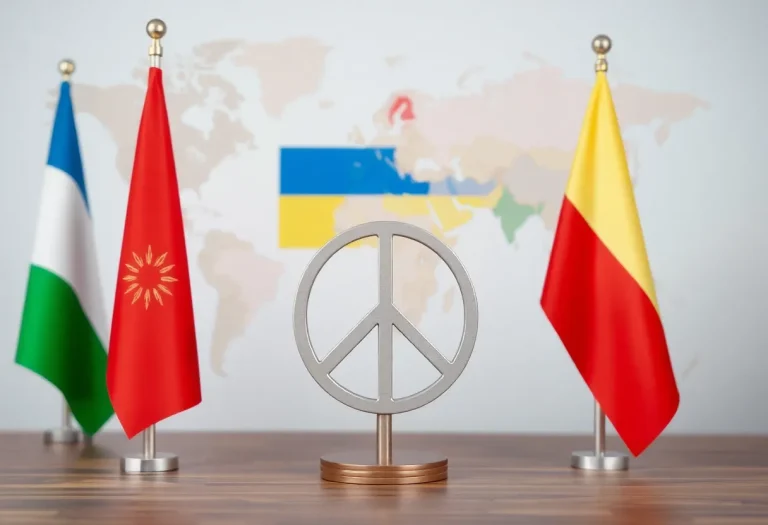 Representation of a diplomatic dialogue between two world leaders with flags and a world map.