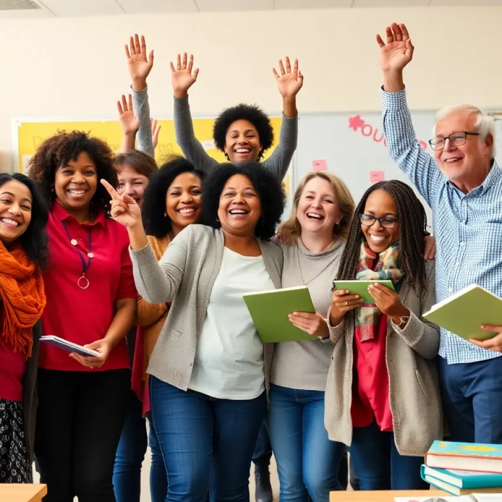 Group of educators celebrating in a classroom