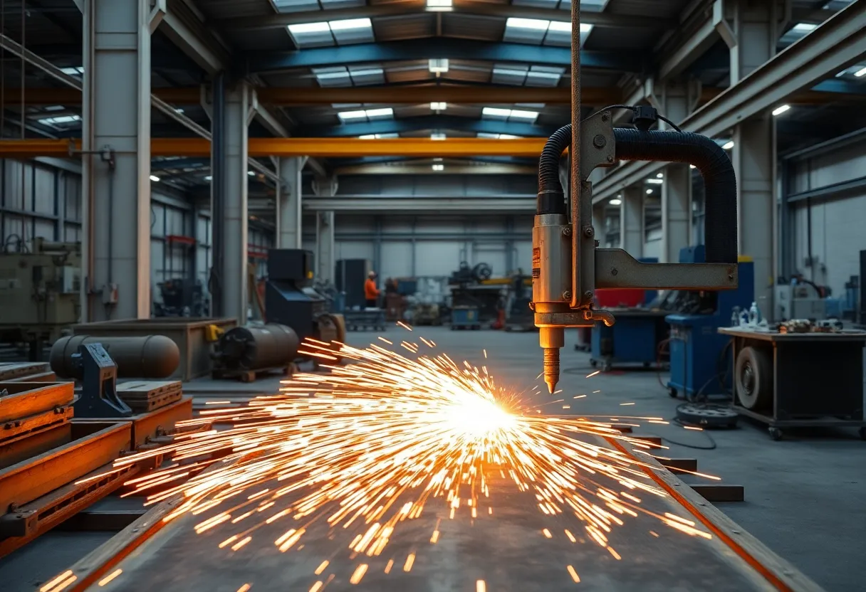 Workers operating advanced metal fabrication equipment at Fabricators Supply