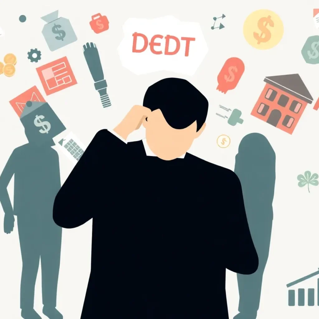 Illustration of financial uncertainty with debt and economic symbols