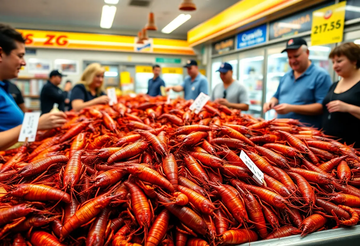 A selection of fresh crawfish for sale at Brewski's convenience store