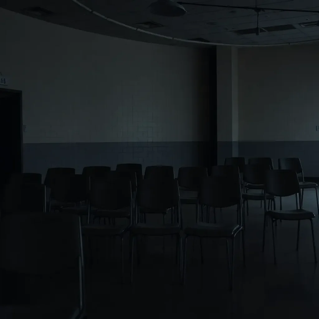 Somber prison visitation room reflecting an atmosphere of loss.