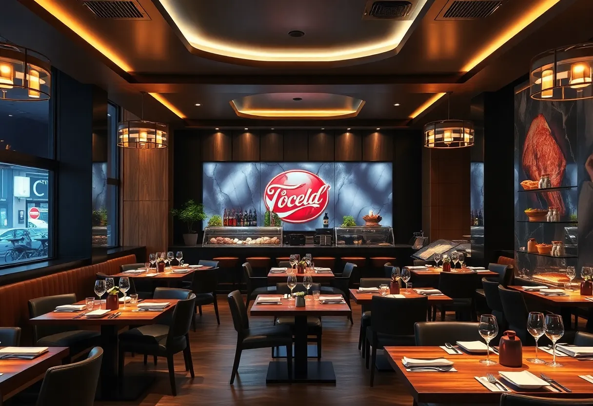 Cozy dining area in Helen restaurant showcasing steak dishes