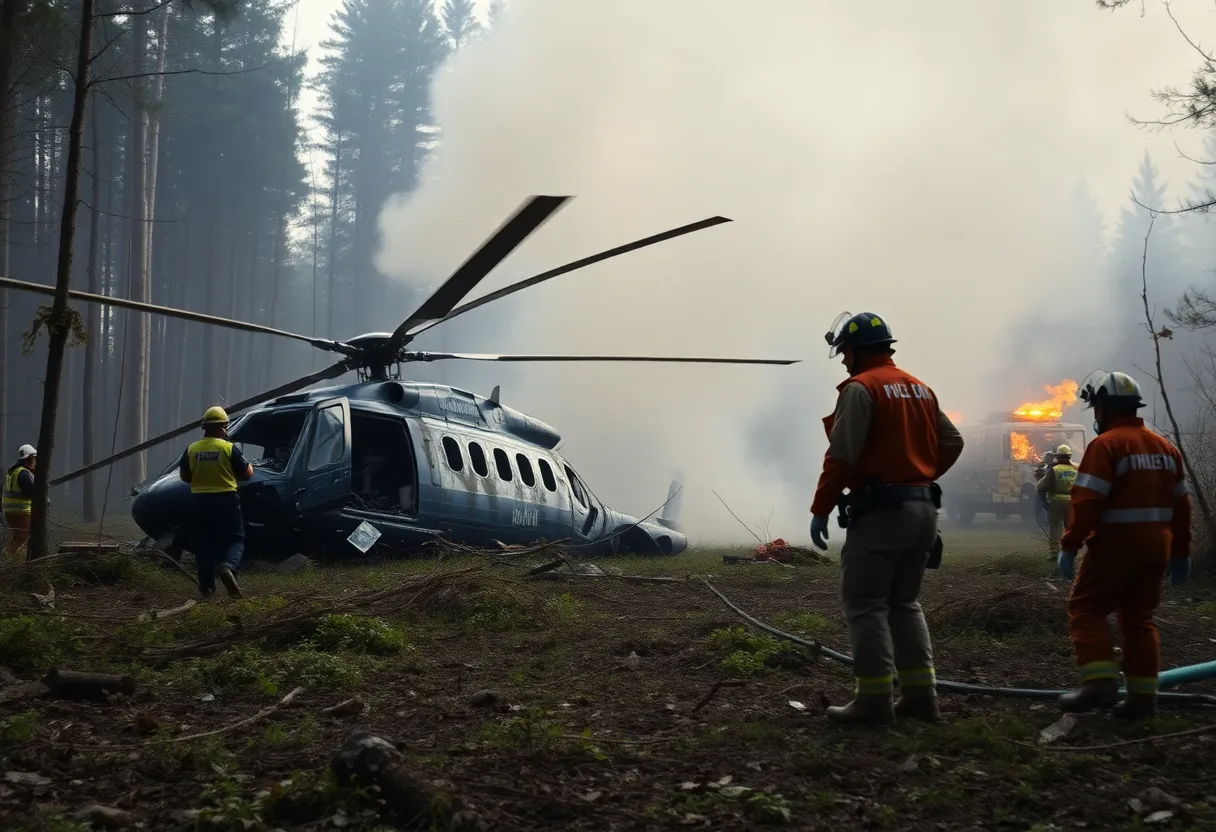 Scene of a helicopter crash with emergency responders at the site.