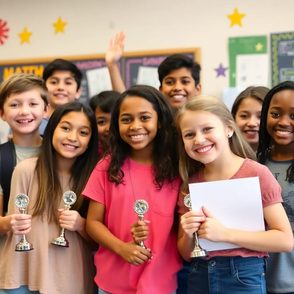 Students celebrating their math competition achievements